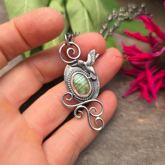 Green Flash Labradorite Swirls & Hummingbird Hand-Forged Sterling Silver Pendant