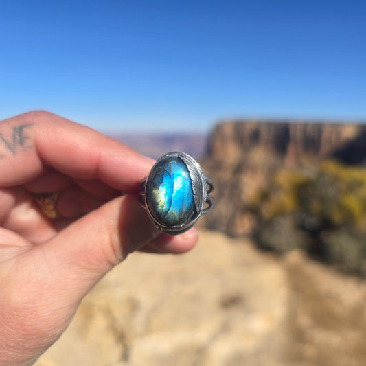 Blue Labradorite & Feather Ring (One of a Kind) — Size 11