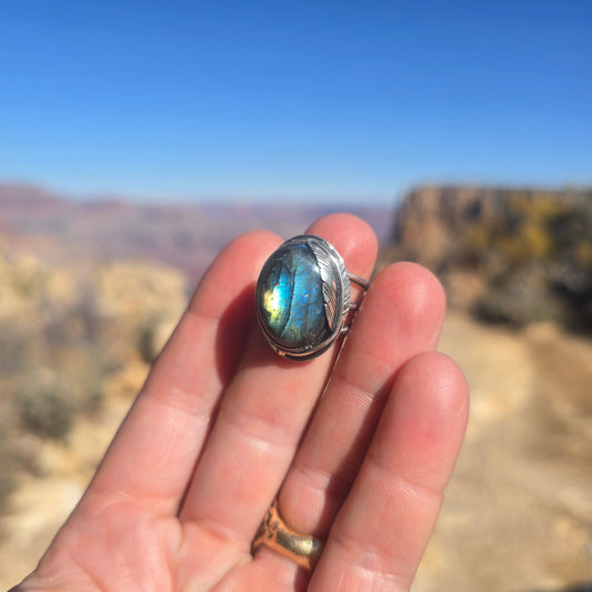 Blue Labradorite & Feather Ring (One of a Kind) — Size 11