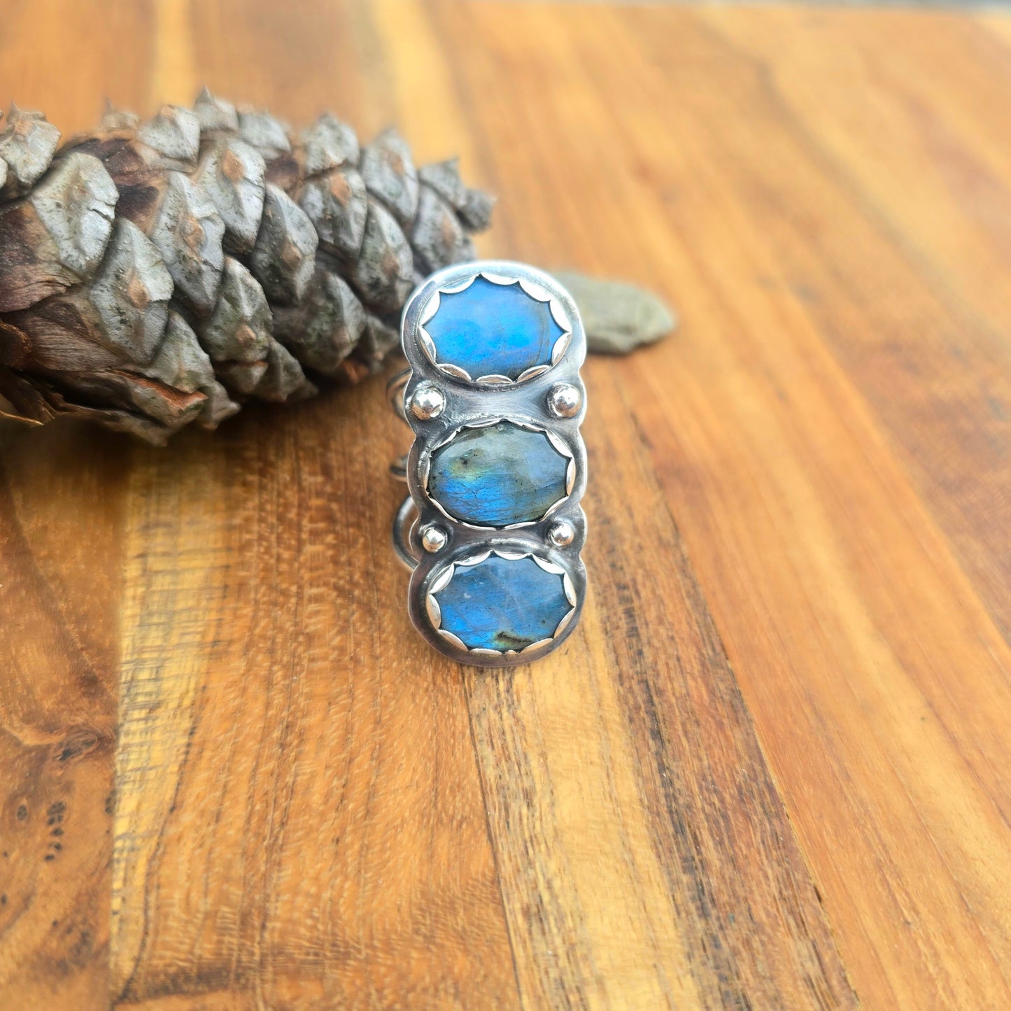 One-of-a-Kind Blue Flash Labradorite Triple Band Ring — Horizontal Three-Stone Design