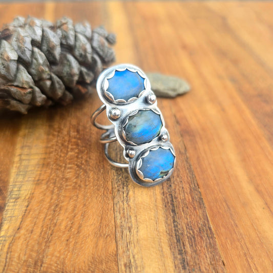 One-of-a-Kind Blue Flash Labradorite Triple Band Ring — Horizontal Three-Stone Design