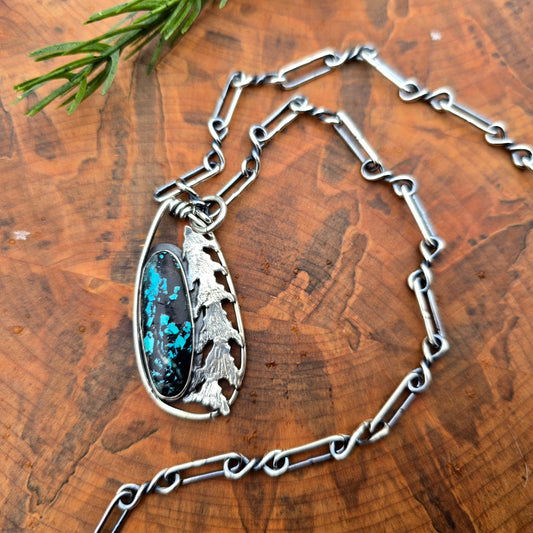 Hand sawn tree and turquoise pendant in sterling silver