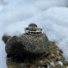 Load image into Gallery viewer, detail shot of rainbow dichroic glass stone on custom name ring