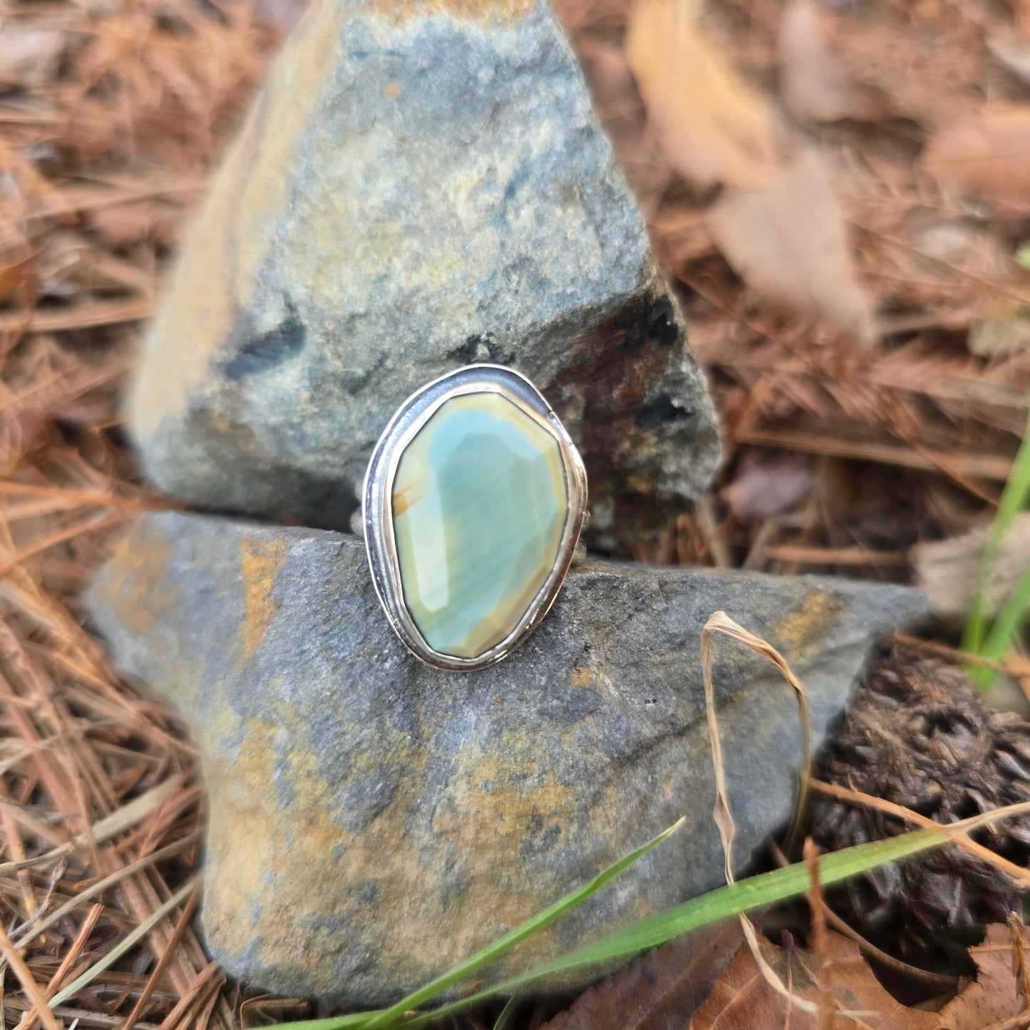 Freeform Green Imperial Jasper Ring in Hand-Forged Sterling Silver – Size 6