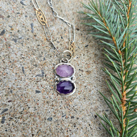 Kunzite & Amethyst Pendant in Hand-Forged Sterling Silver