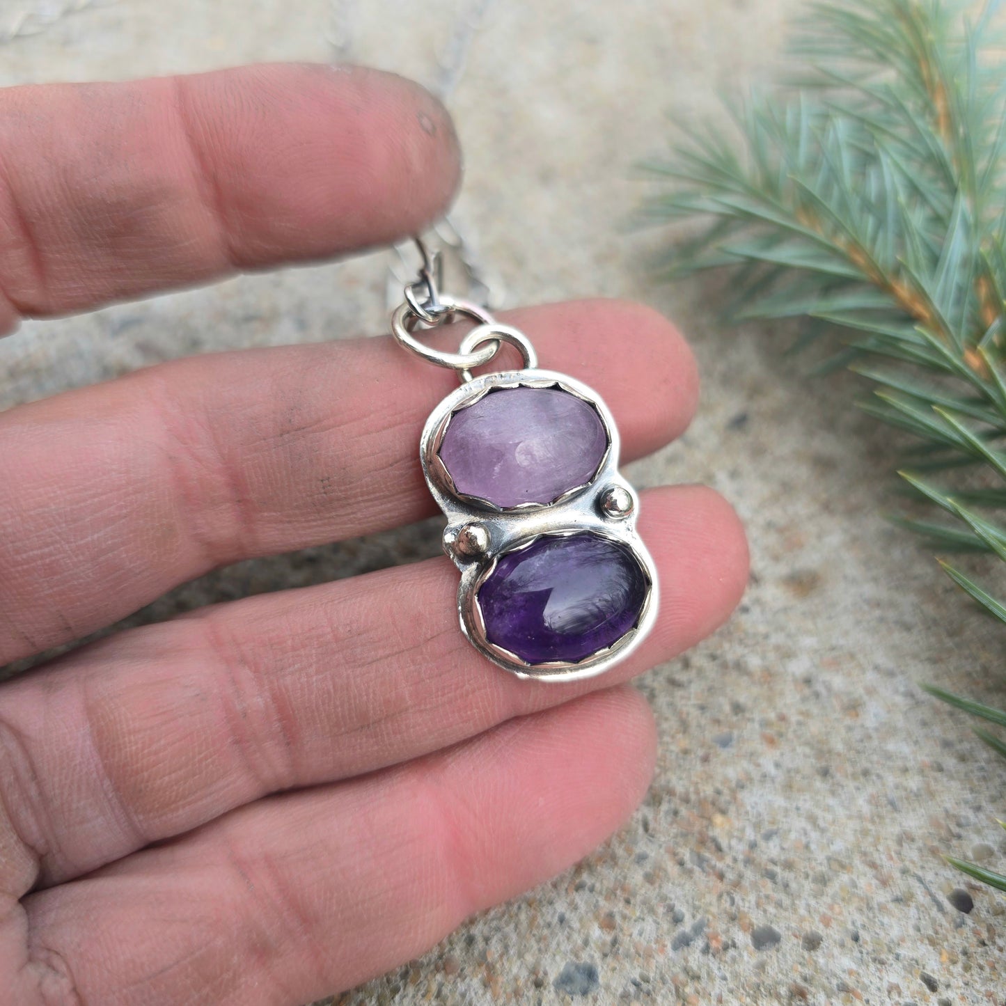 Kunzite & Amethyst Pendant in Hand-Forged Sterling Silver