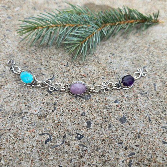 Amethyst, Turquoise & Kunzite Chain Link Bracelet — One-of-a-Kind Bench-Forged Sterling Silver
