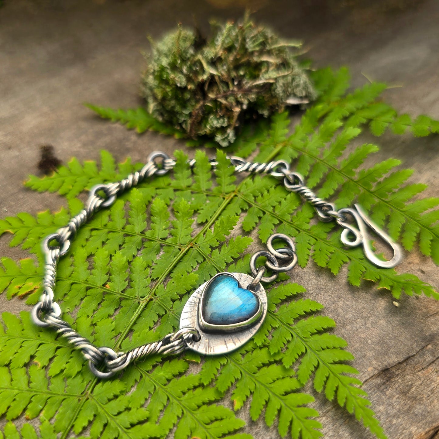 Heart Labradorite Triple Twisted Link Hand-Forged Sterling Silver Bracelet