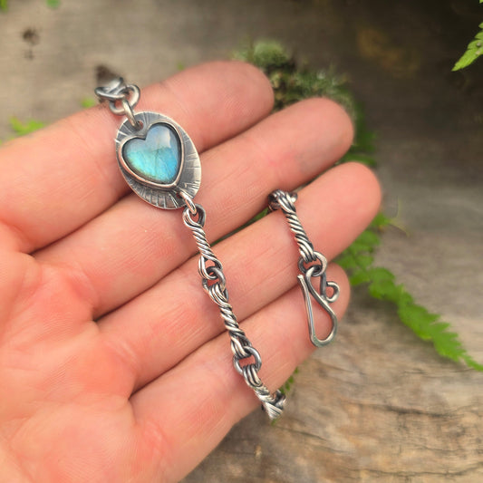 Heart Labradorite Triple Twisted Link Hand-Forged Sterling Silver Bracelet
