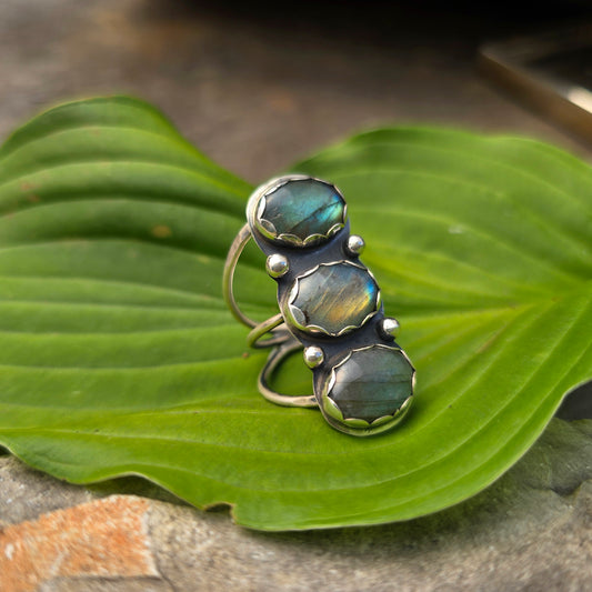 Multi-Color Labradorite Stacked Ring — One-of-a-Kind Sterling Silver Statement