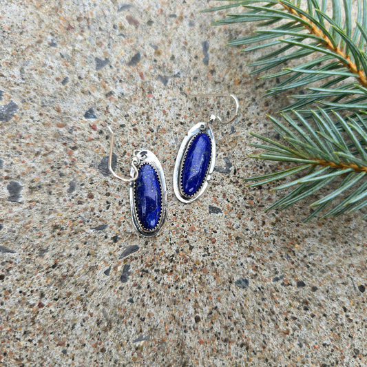Hand-Forged Elongated Oval Lapis Sterling Silver Earrings