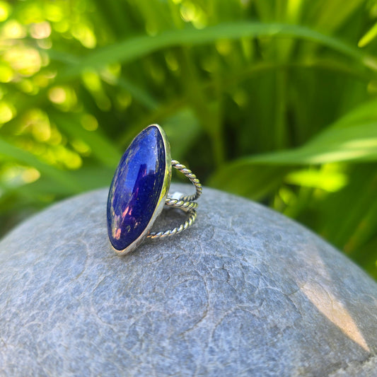 Lapis Lazuli Marquise Hand-Forged Sterling Silver Triple Shank Ring