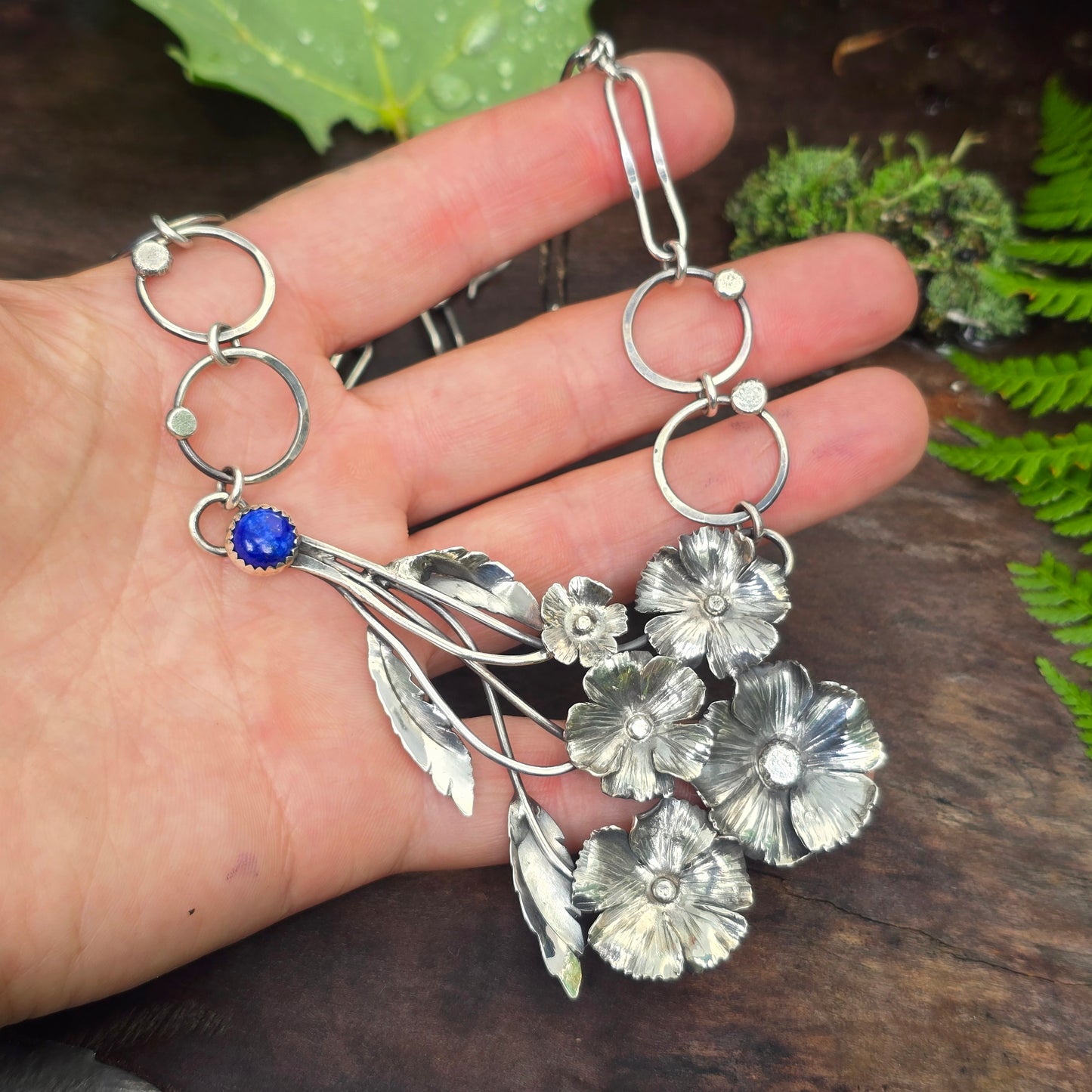Hand-Forged Flower Bouquet Necklace with Lapis Lazuli — Sterling Silver Masterwork
