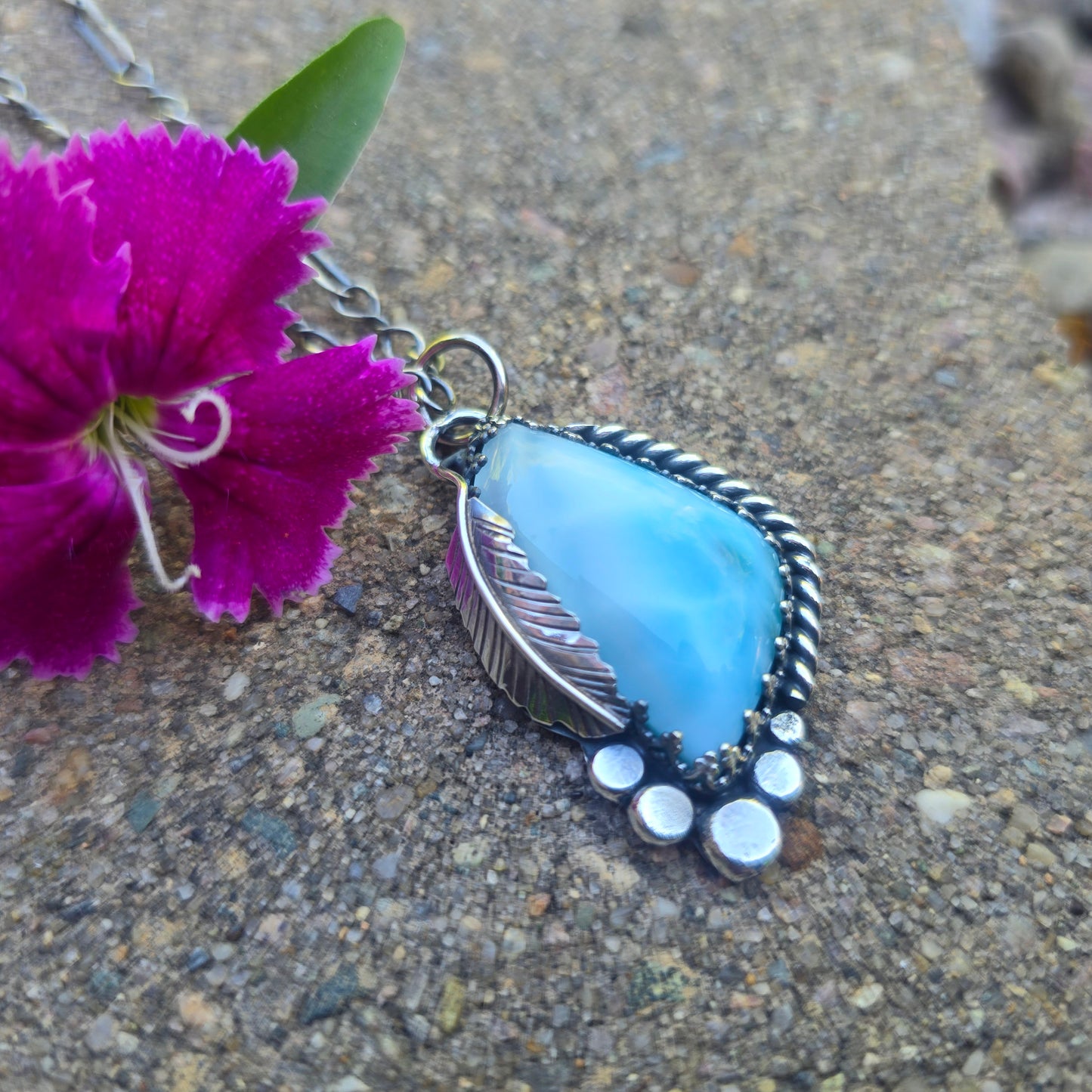 Larimar Feather & River Rock Sterling Silver Pendant