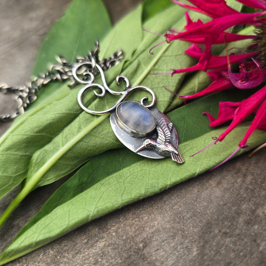 Rainbow Moonstone, Hummingbird & Swirl Hand-Forged Sterling Silver Pendant