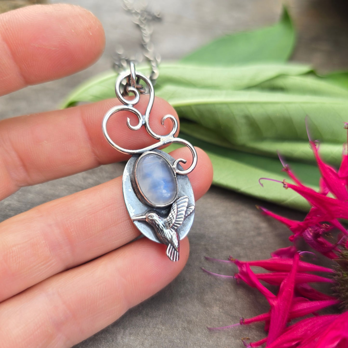 Rainbow Moonstone, Hummingbird & Swirl Hand-Forged Sterling Silver Pendant