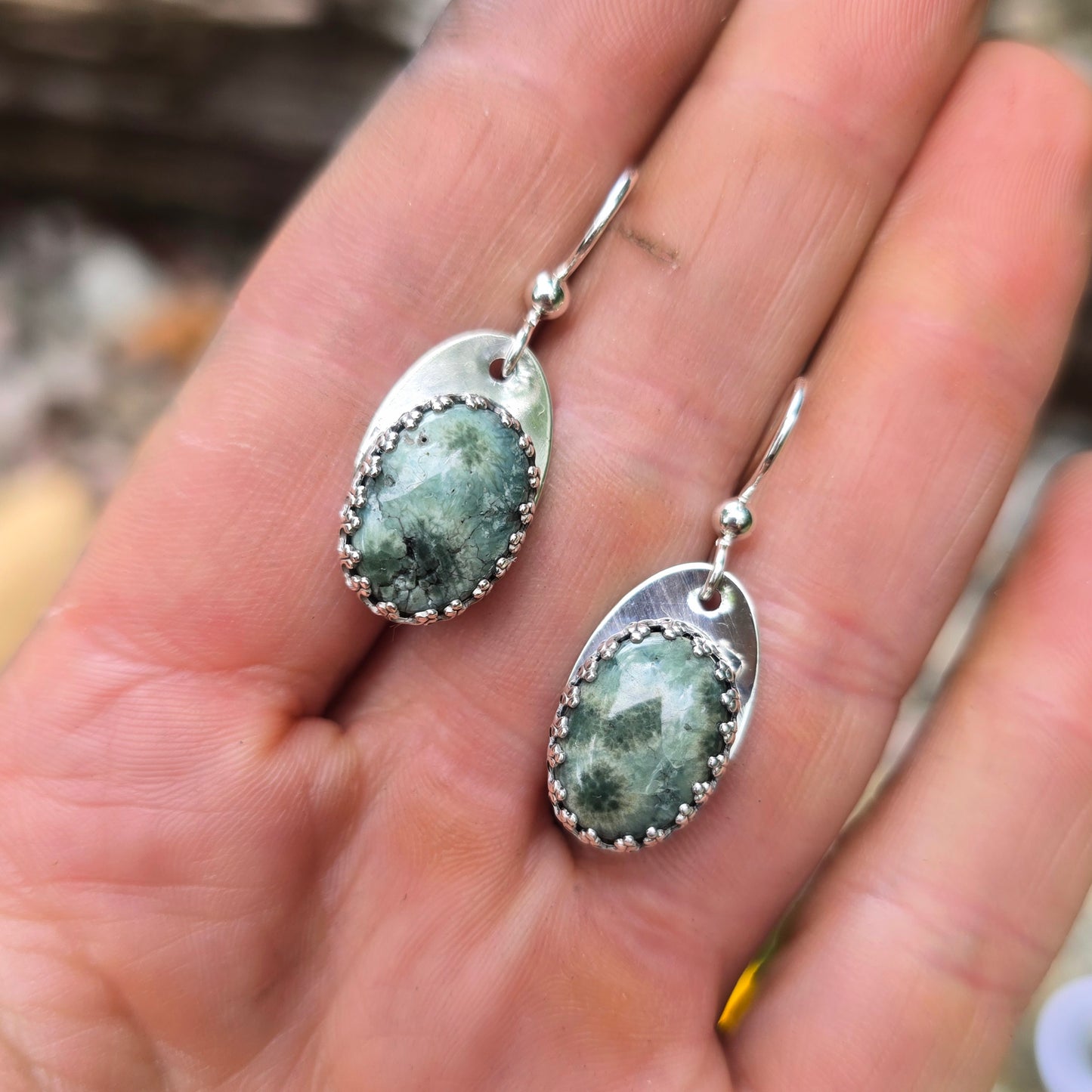 Green Ocean Jasper Hand-Forged Sterling Silver Earrings