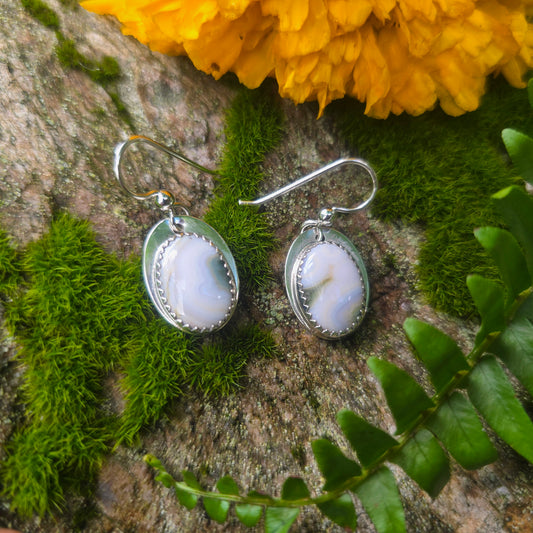 White & Green Ocean Jasper Hand-Forged Sterling Silver Earrings