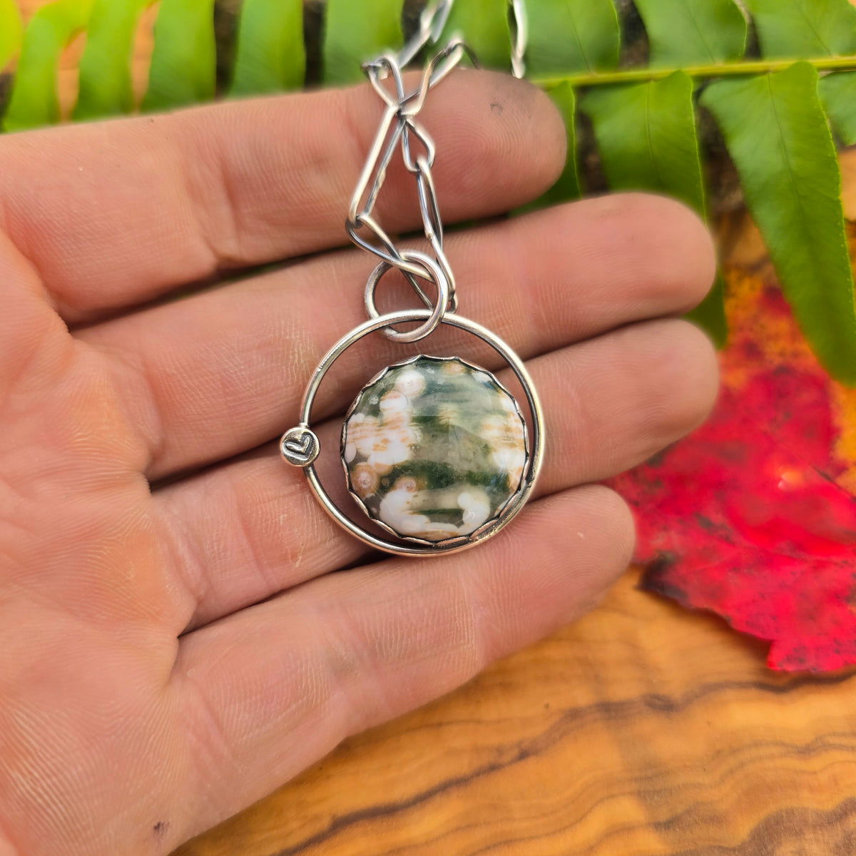 Ocean Jasper Heart-Stamped Sterling Silver Pendant