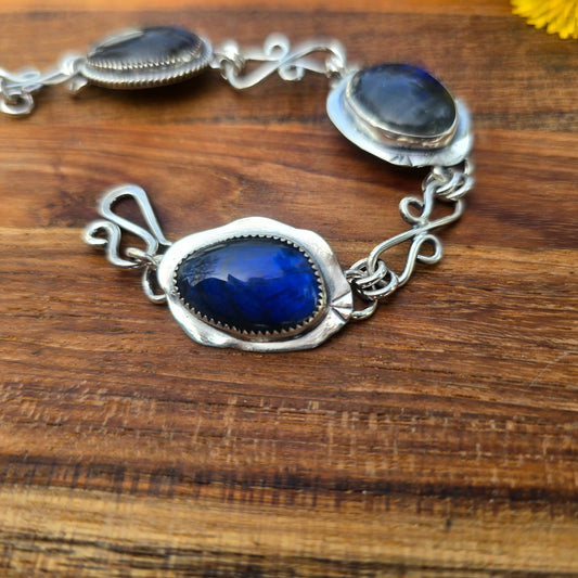 One-of-a-Kind Three Stone Labradorite Chain Link Bracelet in Sterling Silver