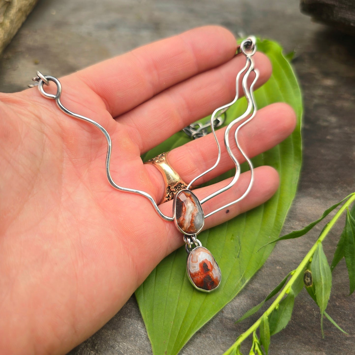 Orange Crazy Lace Agate Flowing Sterling Silver Statement Necklace