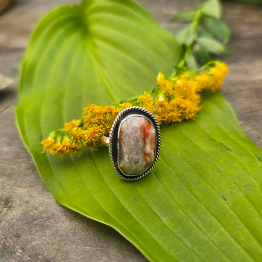 White, Orange & Gray Crazy Lace Agate Sterling Silver Ring | Size 4.75