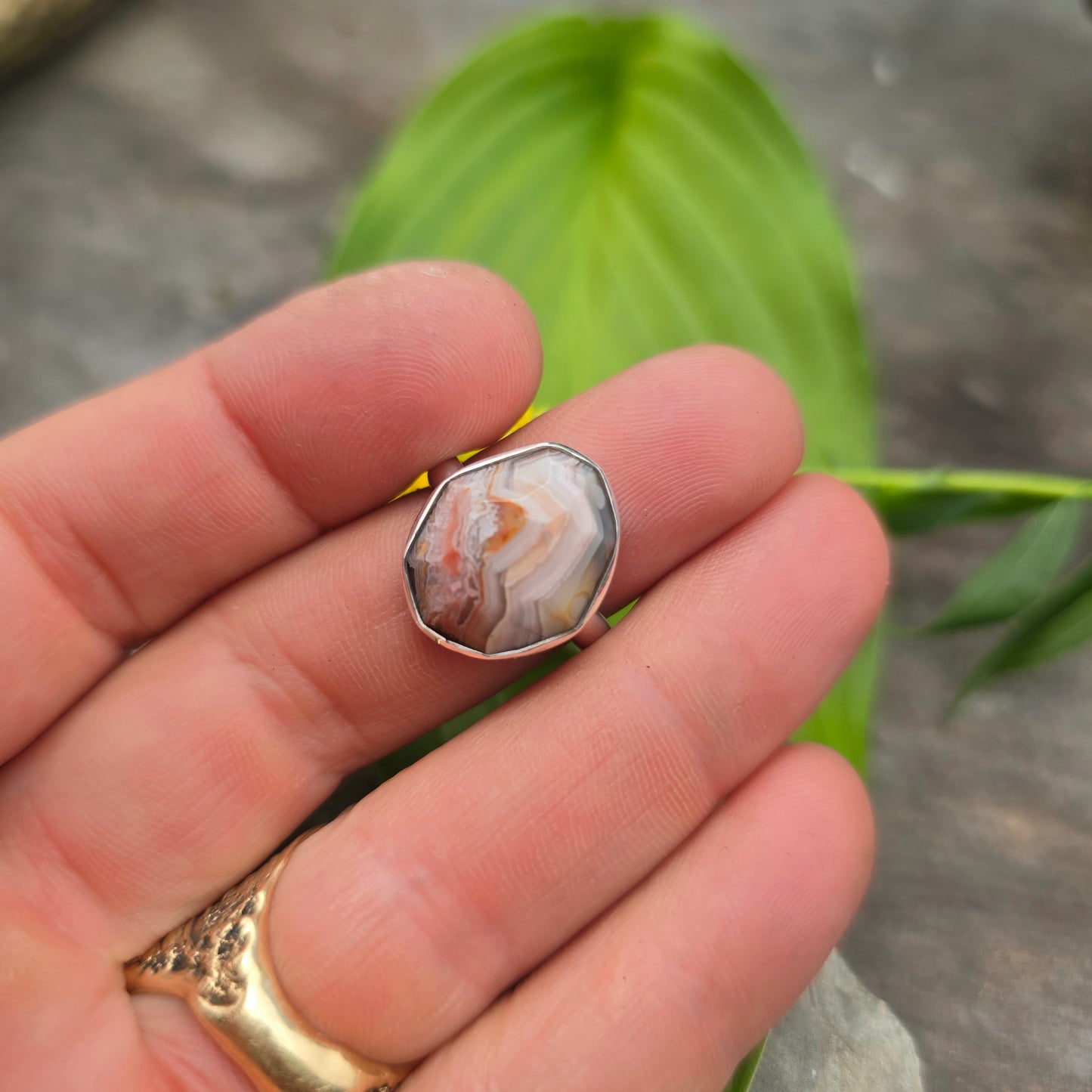 Pink, Orange & White Crazy Lace Agate Sterling Silver Ring | Size 7.75