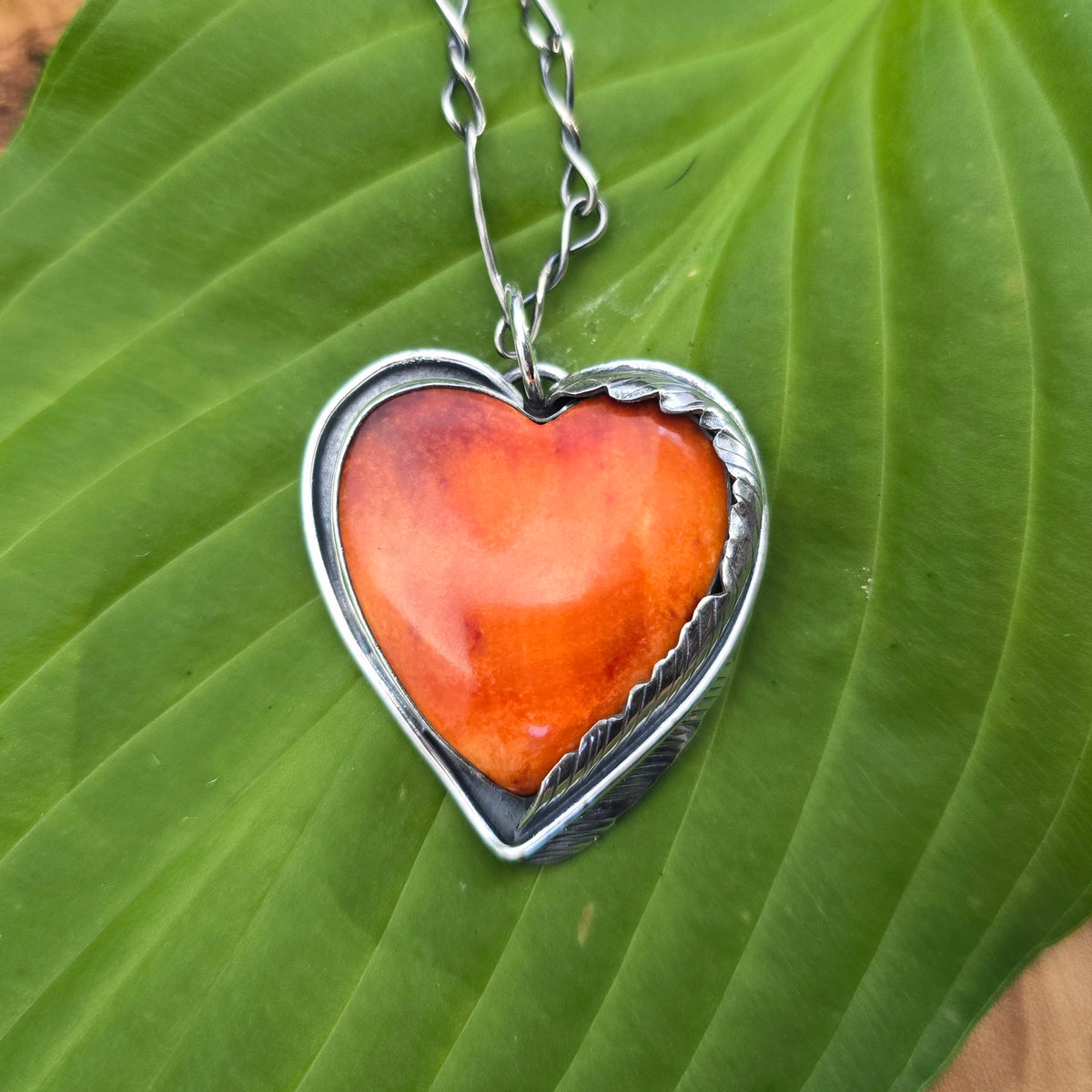 Orange Spiny Oyster Heart and Feather Pendant