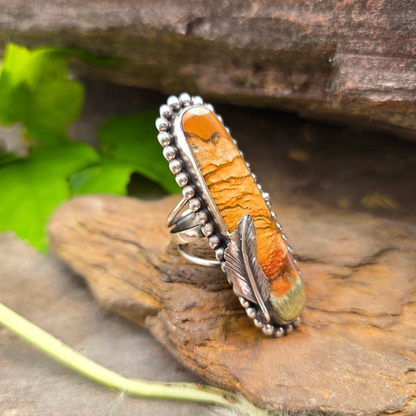 Picture Jasper Feather Sterling Silver Statement Ring