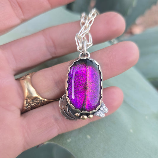 Pink & Orange Dichroic Pendant with Butterfly and Feather (One of a Kind) — 1.5″ Length