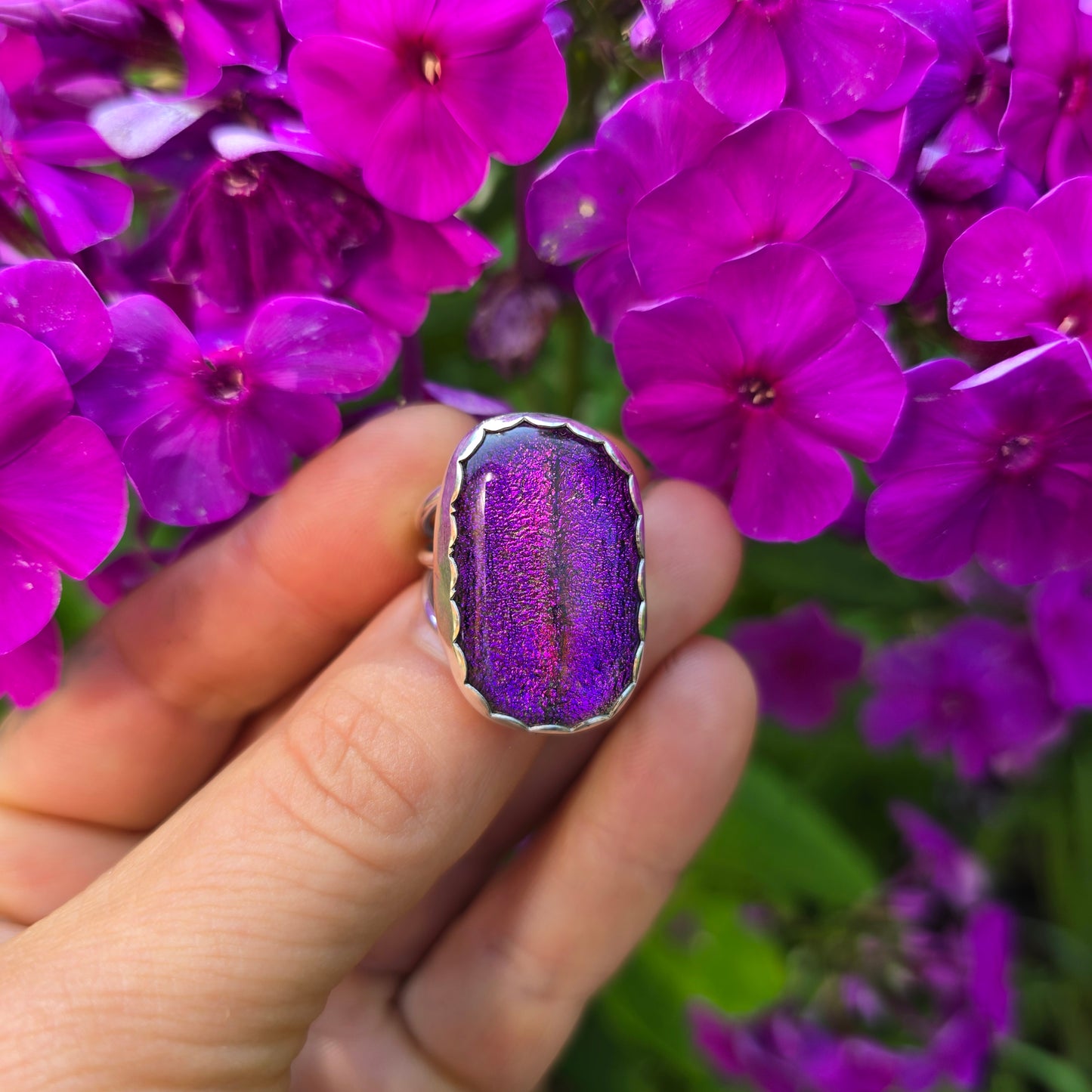 Pink & Orange Dichroic Triple Shank Ring (One of a Kind) — Size 5