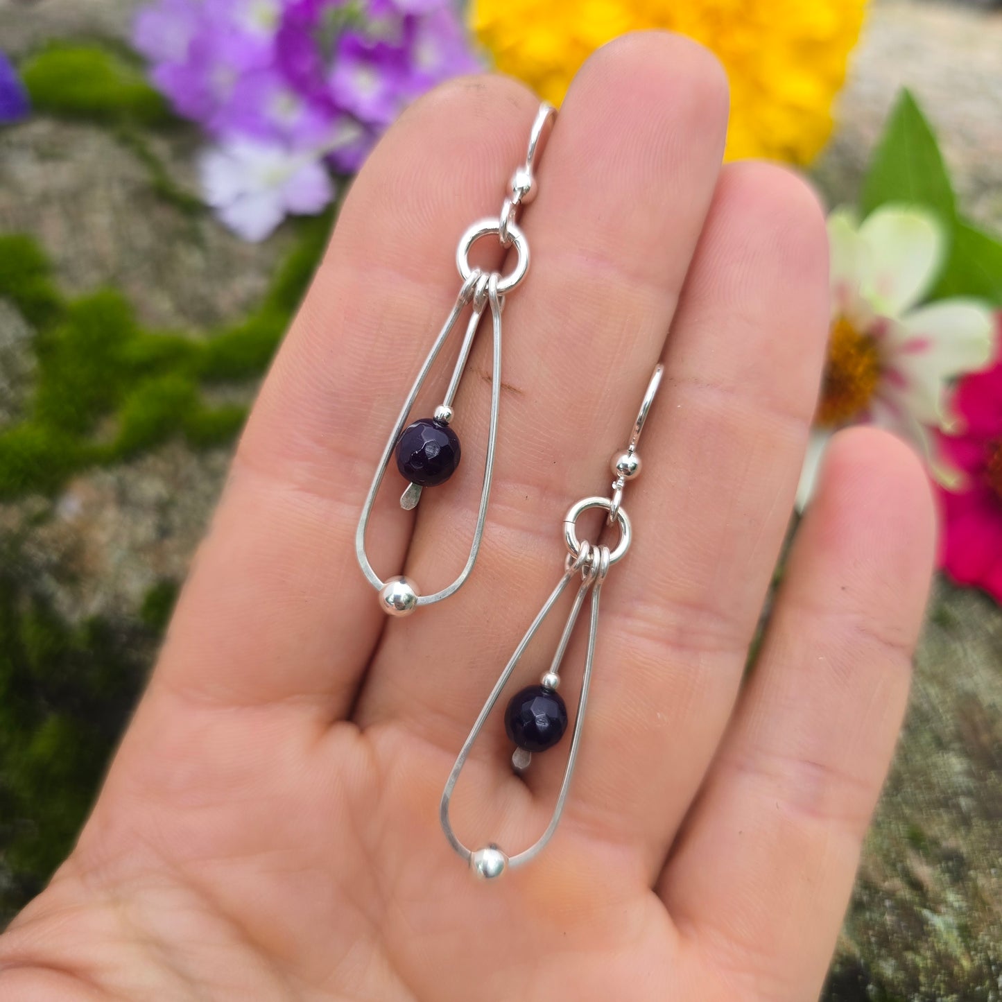 Faceted Amethyst Bead Hand-Forged Sterling Silver Earrings