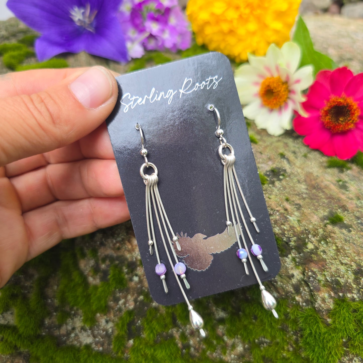 Purple Striped Agate Long Fringe Hand-Forged Sterling Silver Earrings