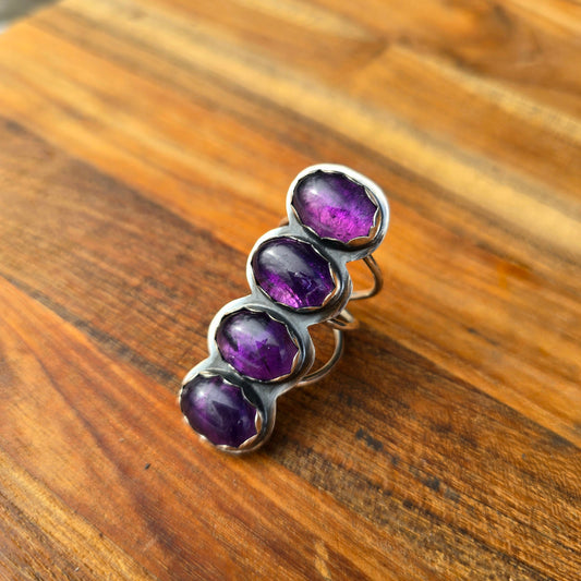 Four Stone Amethyst Statement Ring — One-of-a-Kind Sterling Silver Vertical Form