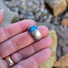 Load image into Gallery viewer, close-up showing unique textured bands on purple Mohave turquoise ring
