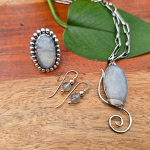 Load image into Gallery viewer, Full Rainbow Moonstone jewelry collection featuring threader earrings, a windswept pendant, a beaded moonstone ring, and a handmade twisted link chain.