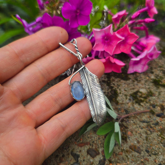 Rainbow Moonstone & Feather Hand-Forged Sterling Silver Pendant