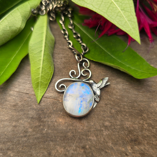 Rainbow Moonstone Windswept Swirl Hummingbird Hand-Forged Sterling Silver Pendant