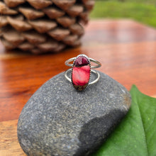 Load image into Gallery viewer, oval red dahlia mohave ring with sterling silver split band shown from front view