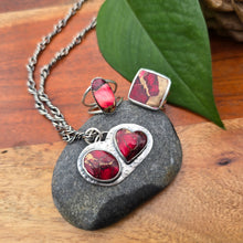 Load image into Gallery viewer, red dahlia mohave oval ring, square ring, double-stone pendant, and oxidized twisted link chain displayed together