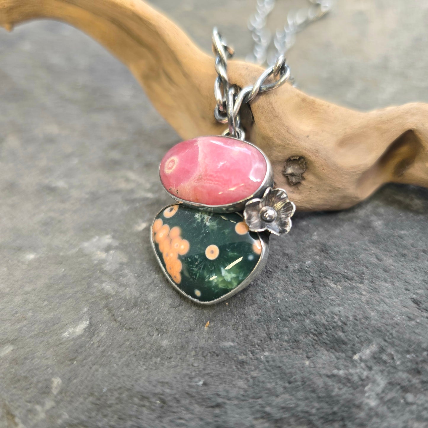 Hand-Forged Rhodochrosite and Ocean Jasper Boulder Ridge Sterling Silver Pendant