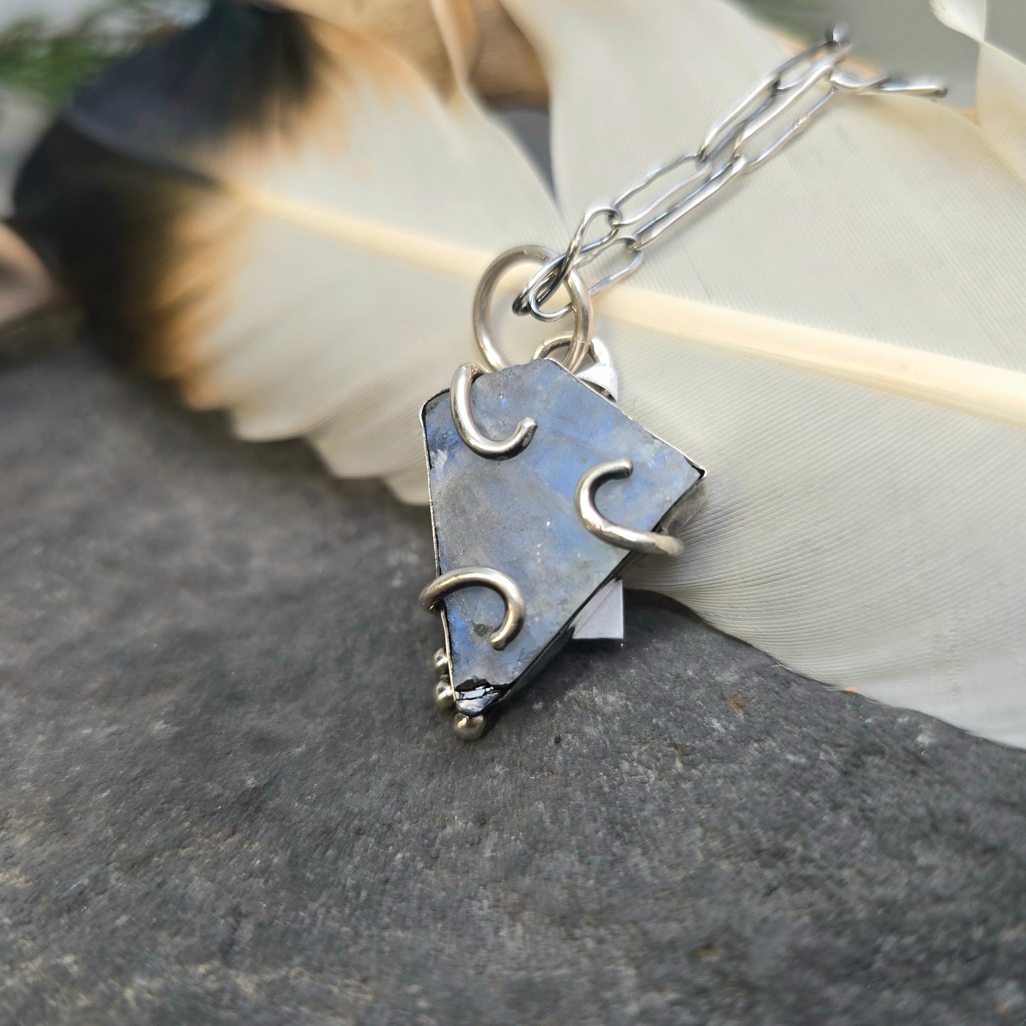 Rough Rainbow Moonstone Hand-Forged Sterling Silver Pendant
