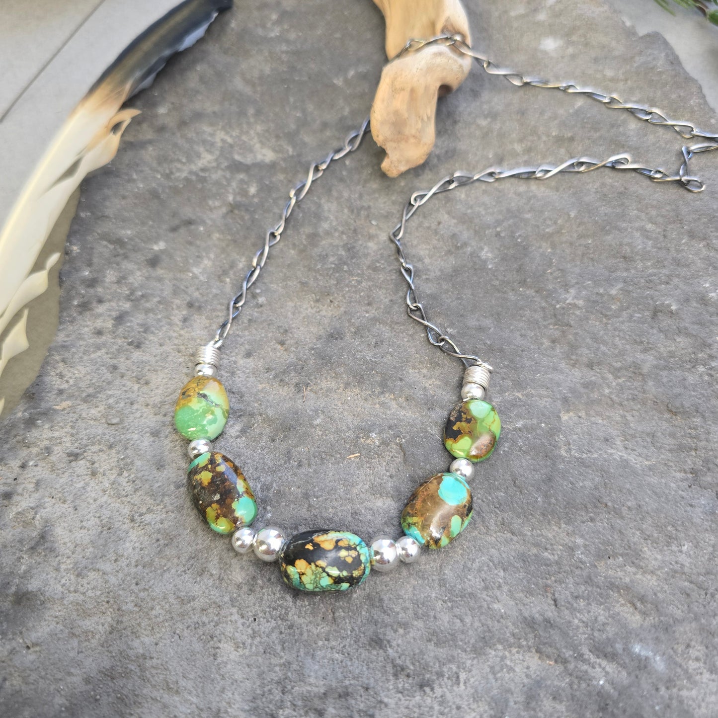 Genuine Rough Turquoise Beaded Necklace with Hand-Forged Sterling Silver Chain