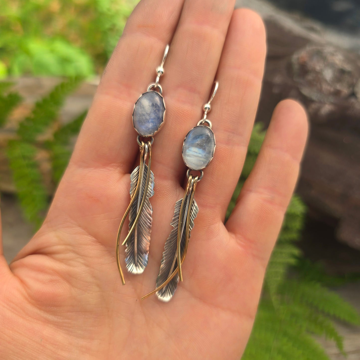 Rainbow Moonstone & 14k Gold-Filled Feather Earrings