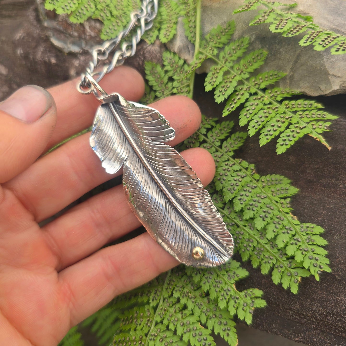 Hand-Forged Feather Pendant with 18k Gold Accent