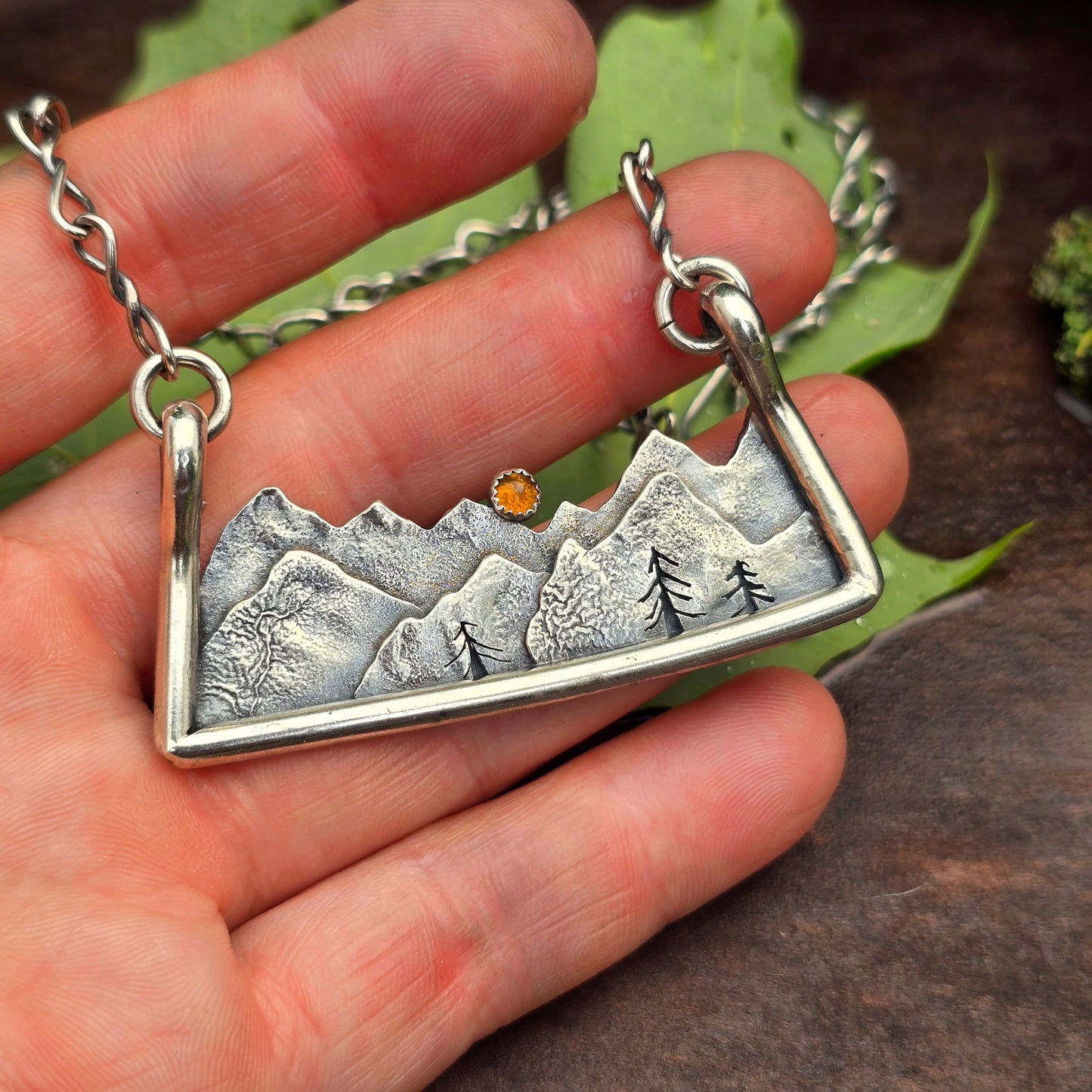 Three-Dimensional Mountain Scene Statement Necklace with Amber Sunrise