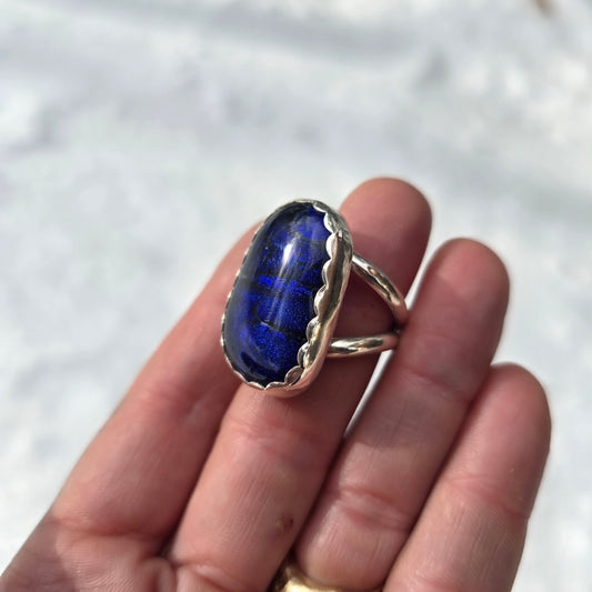 Deep Blue Dichroic Glass Statement Ring (One of a Kind) — Size 8.5