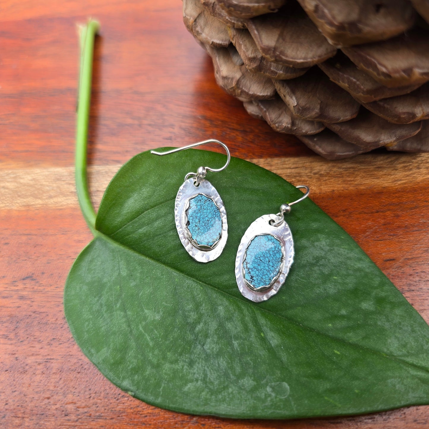 sterling silver and turquoise drop earrings top view