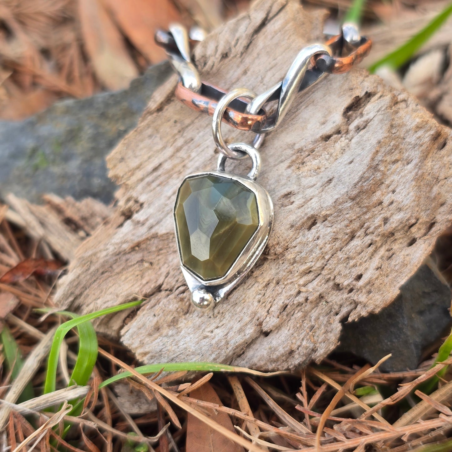 Dainty Freeform Green Imperial Jasper Pendant in Hand-Forged Sterling Silver