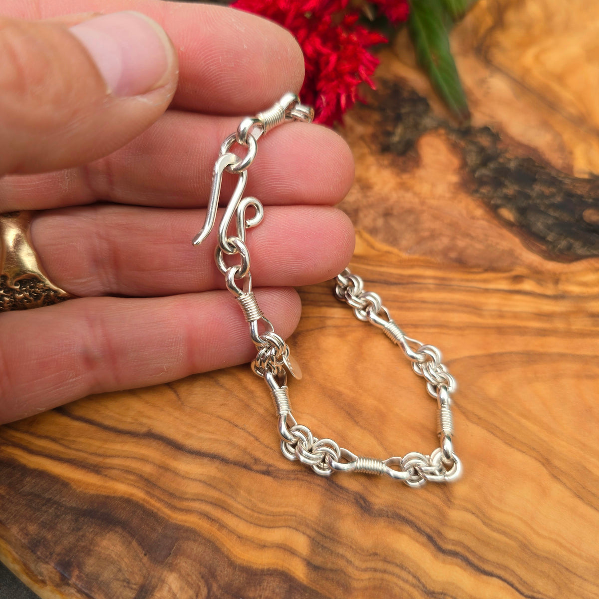 Bowtie & Double Cable Hand-Forged Sterling Silver Chain Link Bracelet